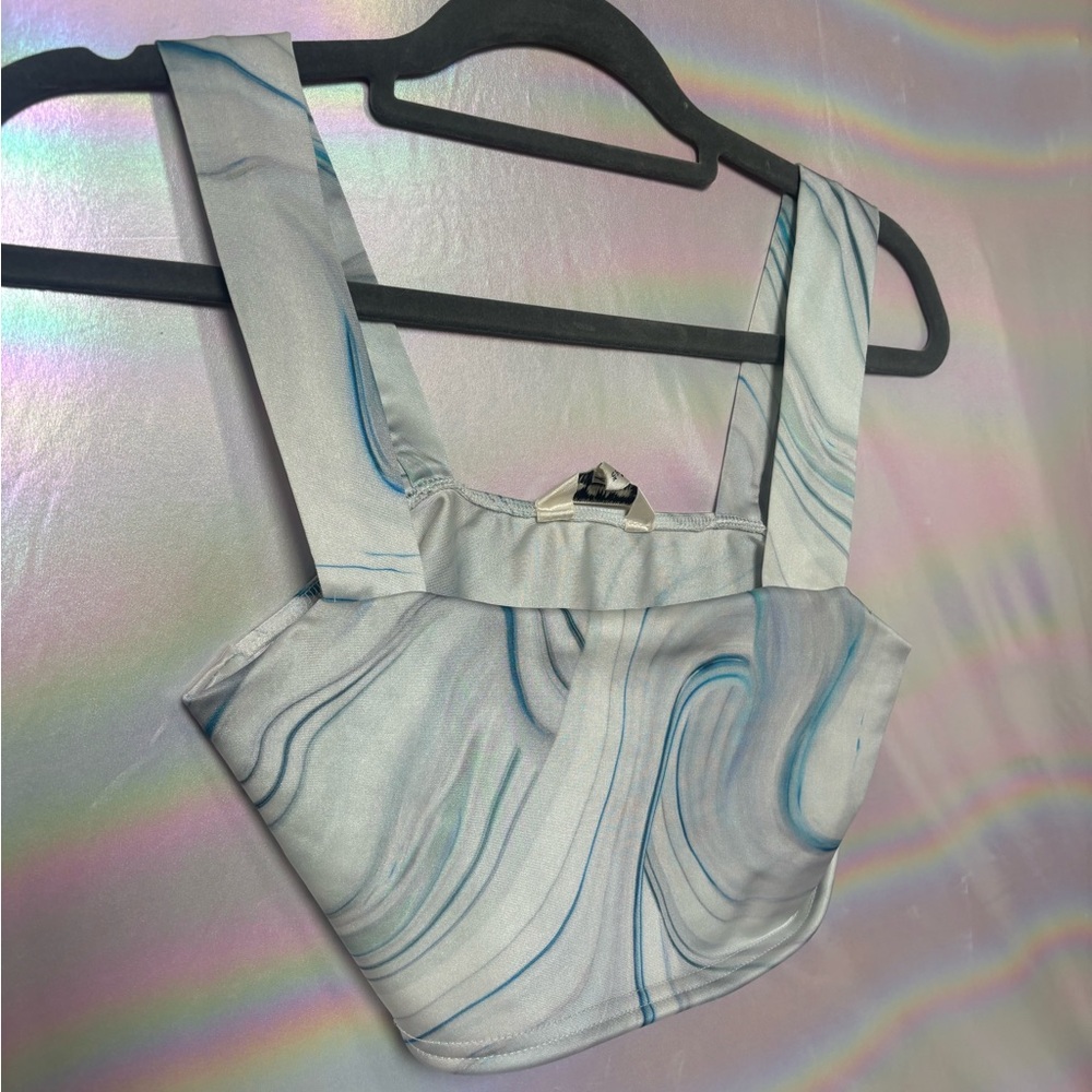 Miss Selfridge Cyan Blue Abstract Print Cropped Top | Size Small